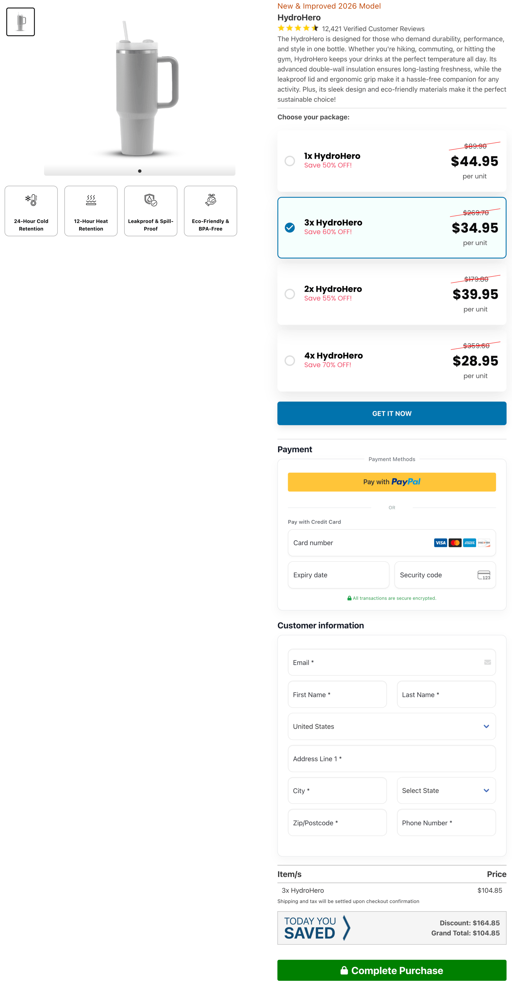 HydroHero Water Bottle 100% Secure Checkout page